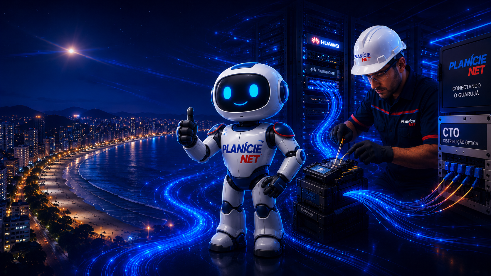Mascote e técnico da Planície Net em ambiente de fibra óptica
